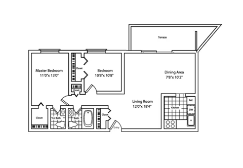 Floor plan for 2 beds, 1.5 baths, 880 sqft